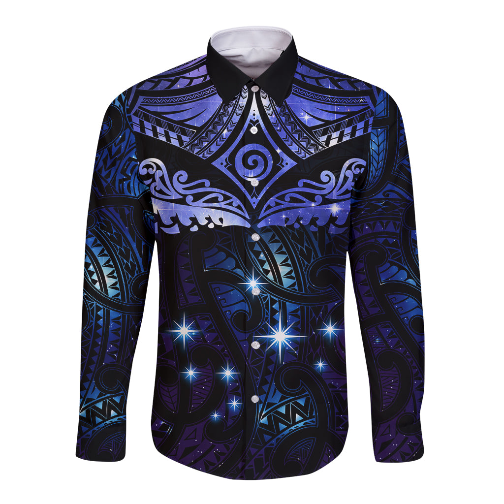 New Zealand Matariki Long Sleeve Button Shirt Maori Pattern and Matariki Sky Night