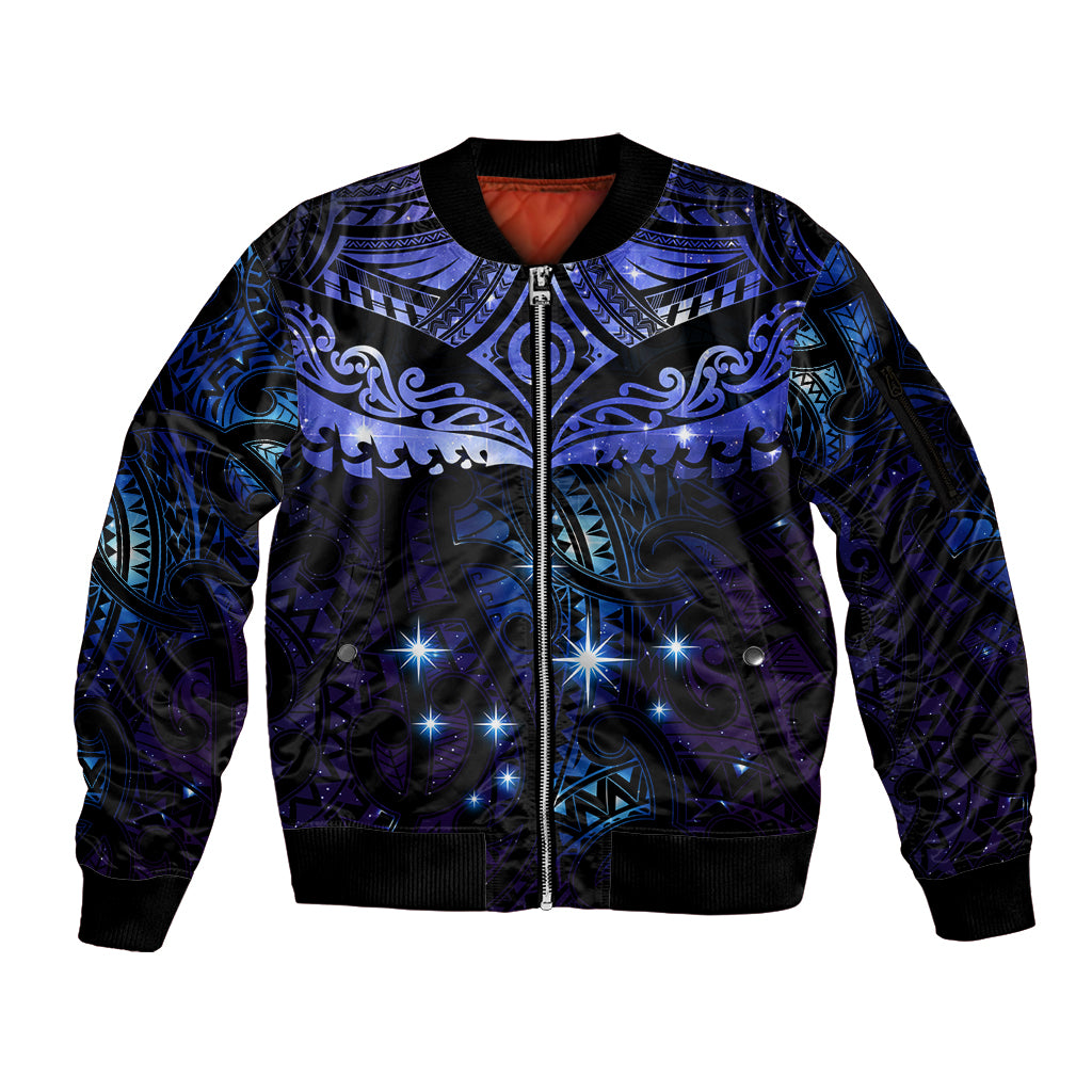 New Zealand Matariki Sleeve Zip Bomber Jacket Maori Pattern and Matariki Sky Night
