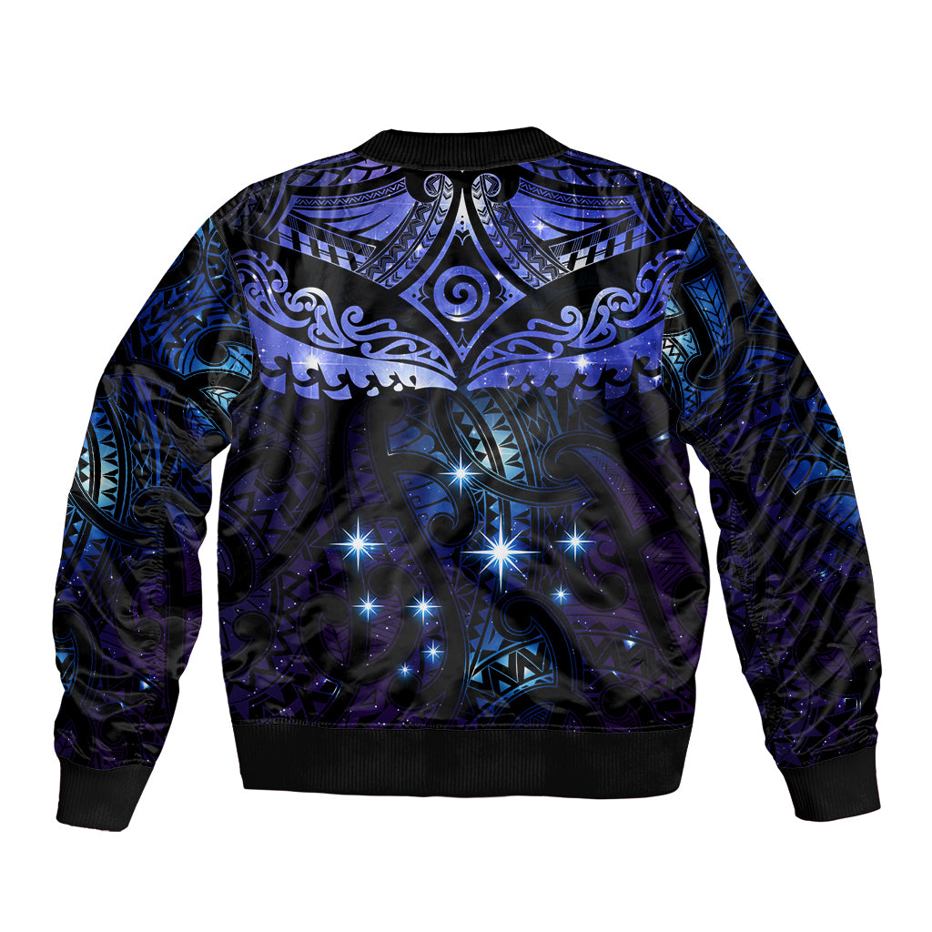 New Zealand Matariki Sleeve Zip Bomber Jacket Maori Pattern and Matariki Sky Night