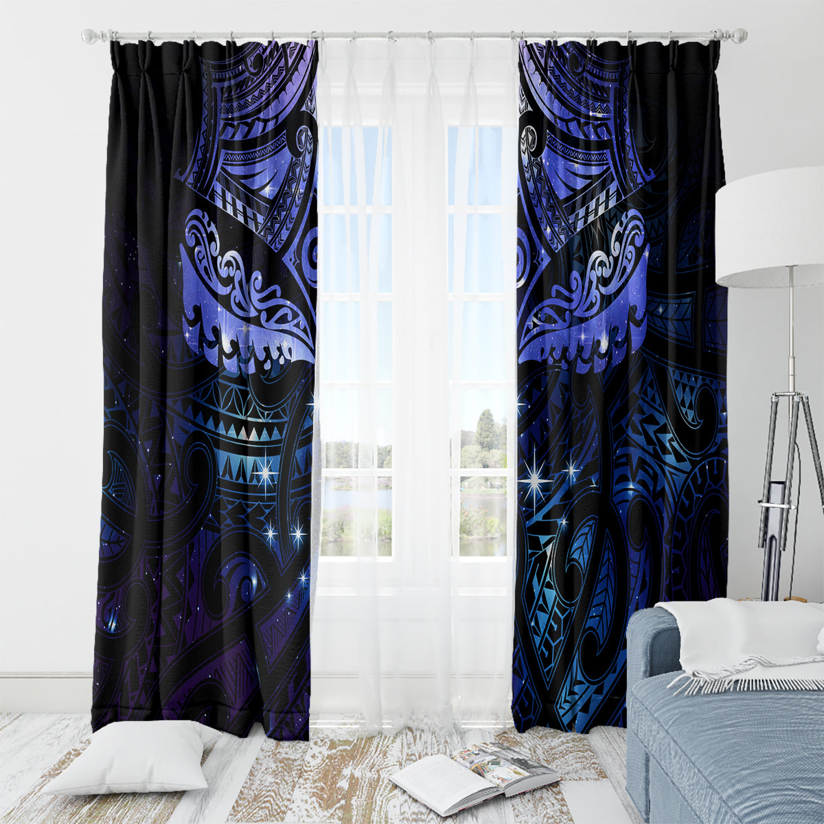 New Zealand Matariki Window Curtain Maori Pattern and Matariki Sky Night