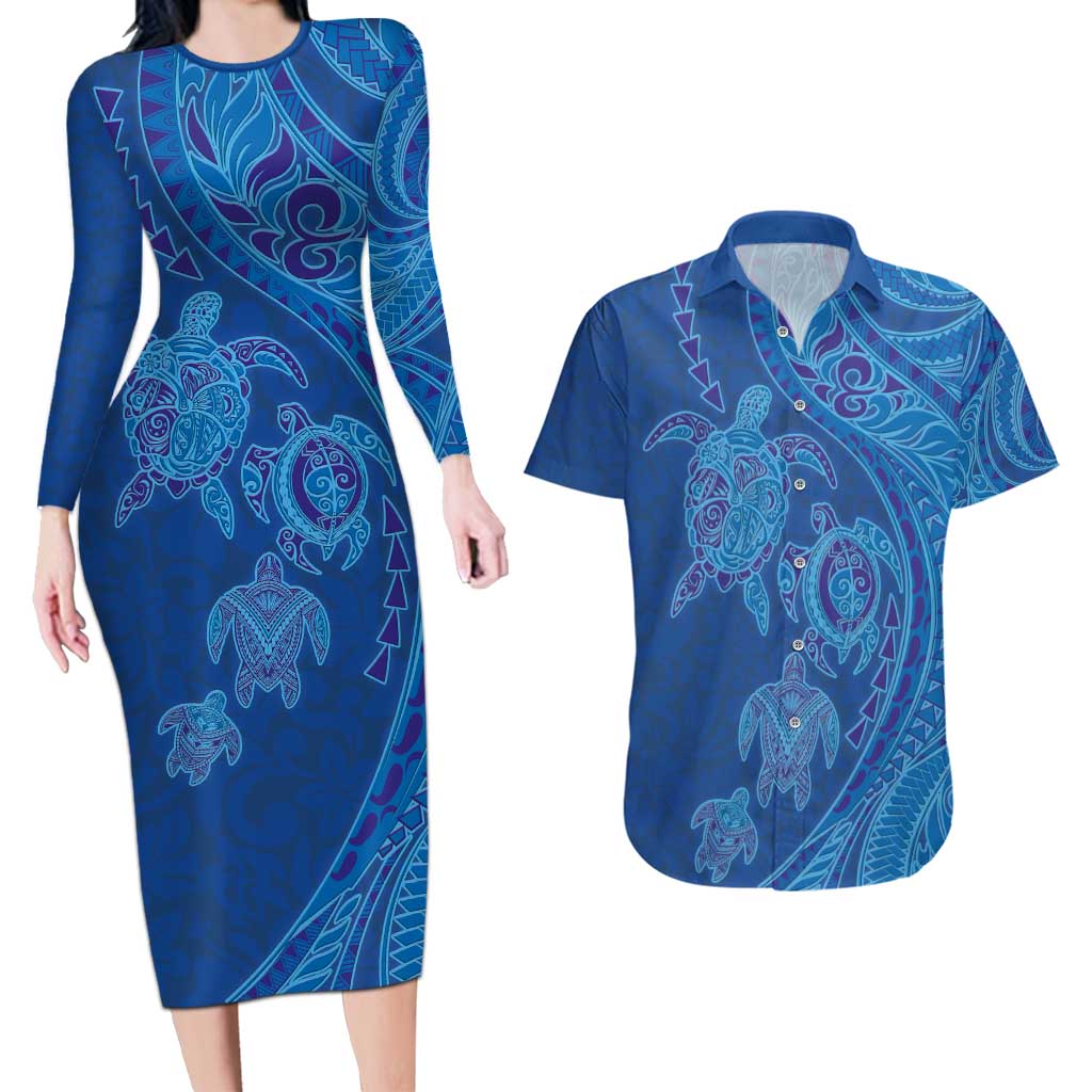 Hawaiian Turtles and Polynesian Art Tattoo Couples Matching Long Sleeve Bodycon Dress and Hawaiian Shirt Ocean Abyss