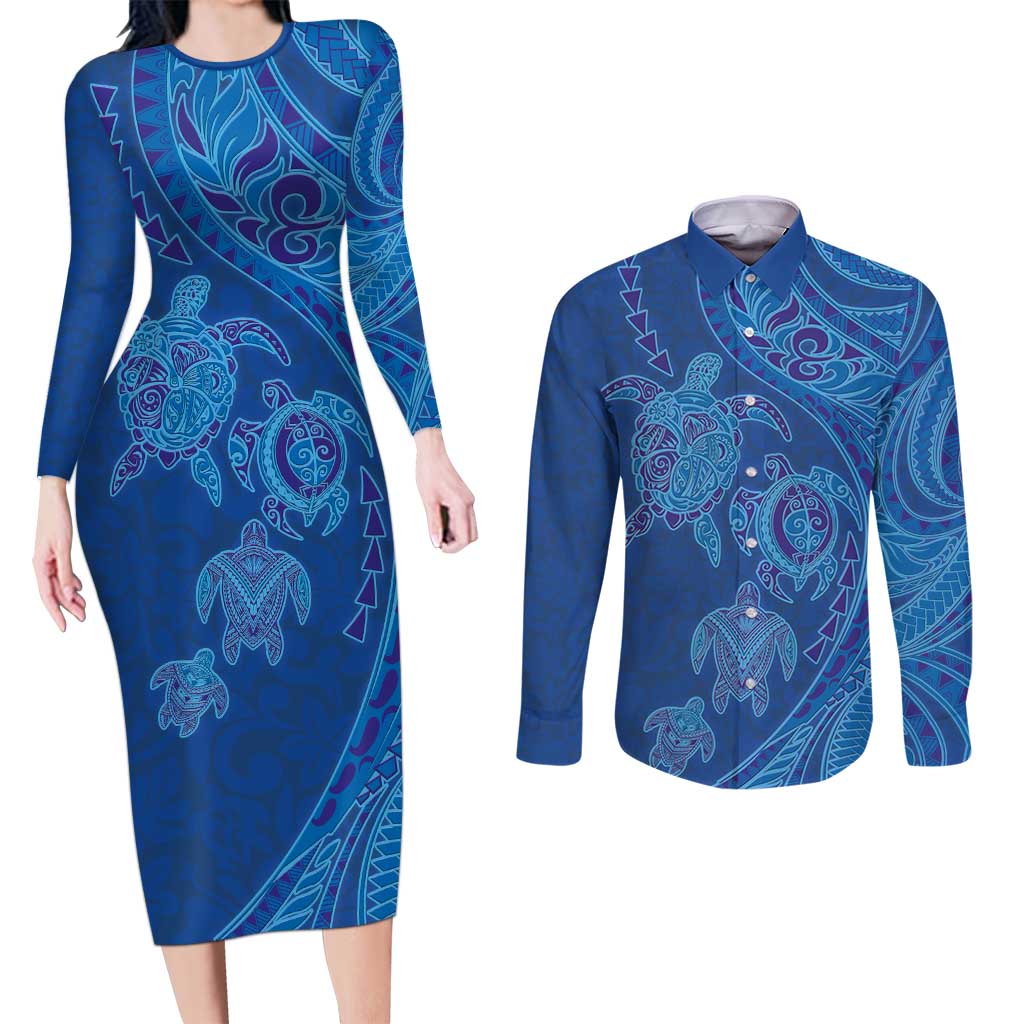 Hawaiian Turtles and Polynesian Art Tattoo Couples Matching Long Sleeve Bodycon Dress and Long Sleeve Button Shirt Ocean Abyss