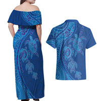 Hawaiian Turtles and Polynesian Art Tattoo Couples Matching Off Shoulder Maxi Dress and Hawaiian Shirt Ocean Abyss