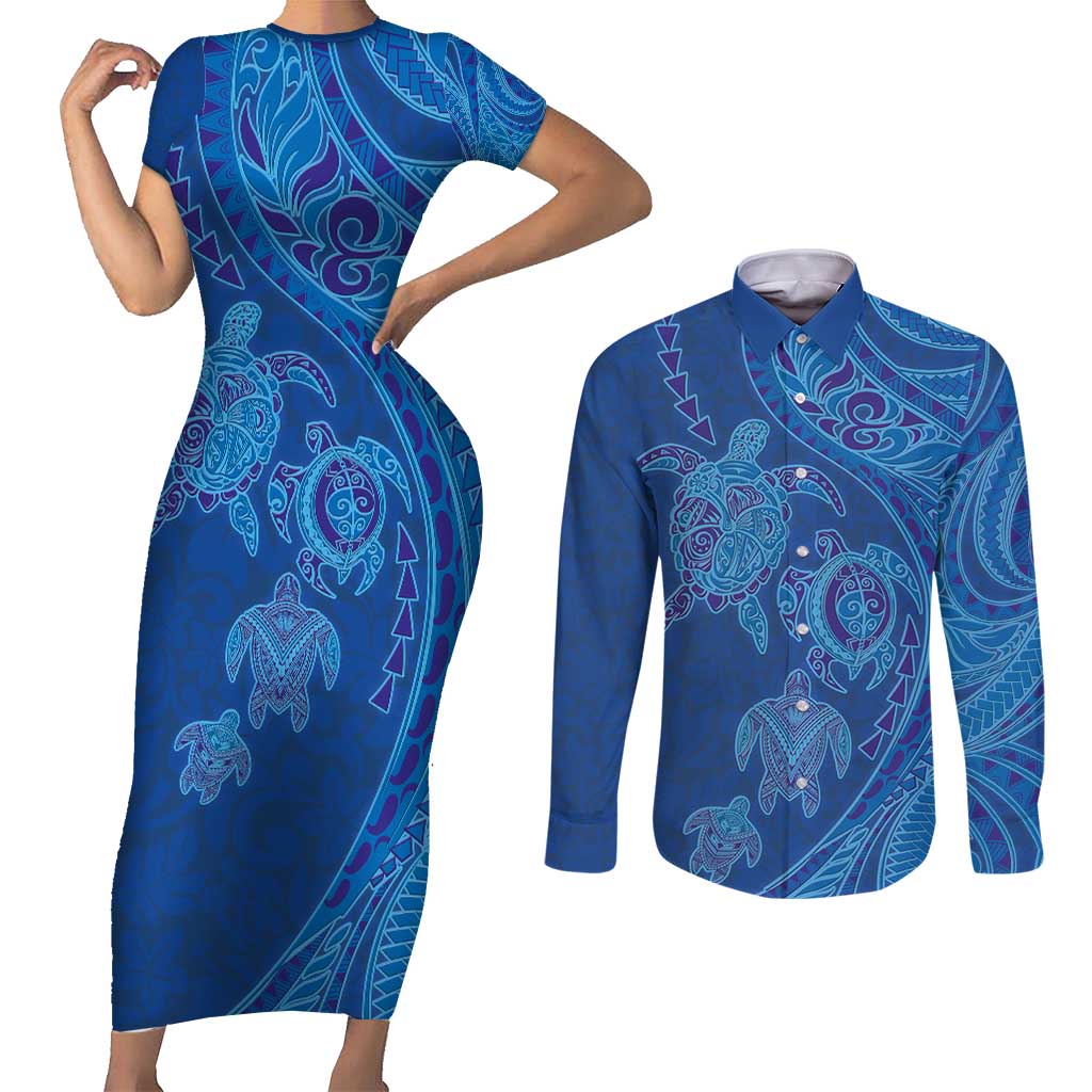 Hawaiian Turtles and Polynesian Art Tattoo Couples Matching Short Sleeve Bodycon Dress and Long Sleeve Button Shirt Ocean Abyss