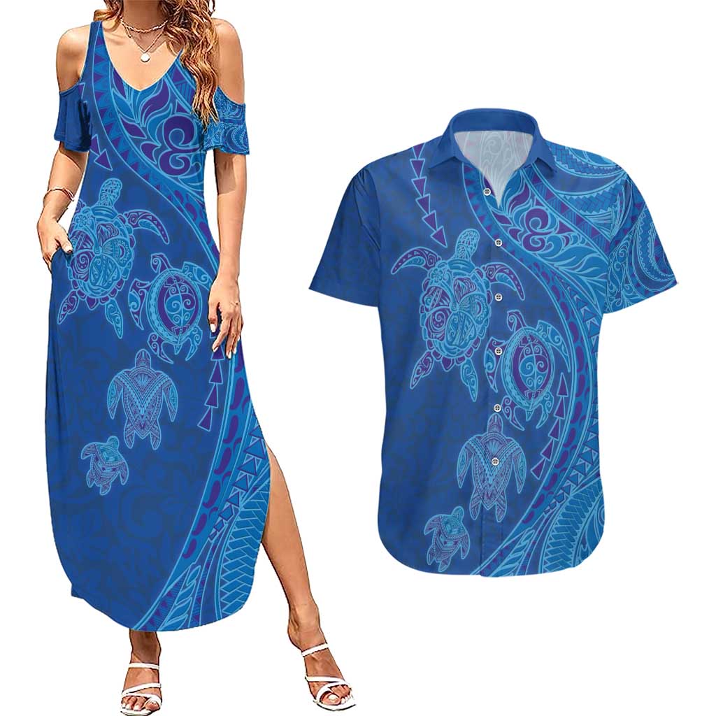 Hawaiian Turtles and Polynesian Art Tattoo Couples Matching Summer Maxi Dress and Hawaiian Shirt Ocean Abyss