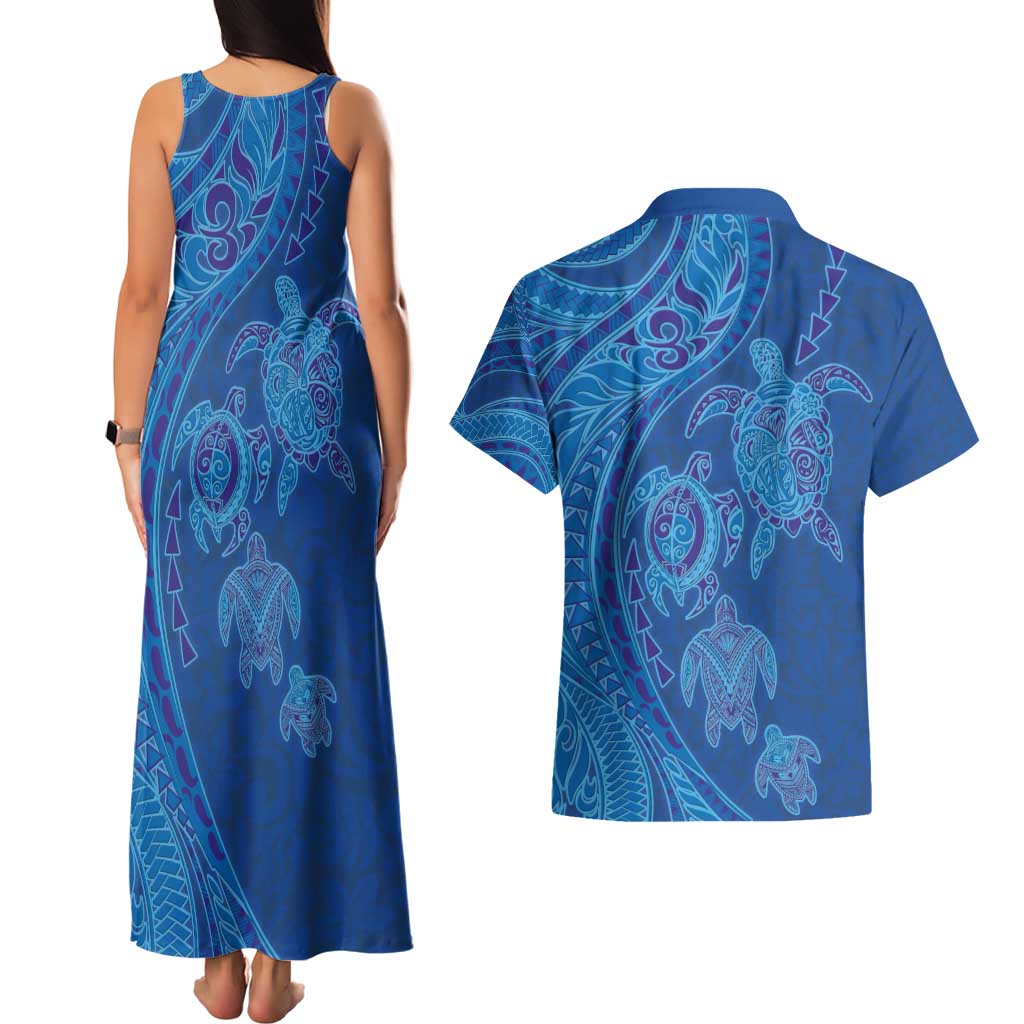 Hawaiian Turtles and Polynesian Art Tattoo Couples Matching Tank Maxi Dress and Hawaiian Shirt Ocean Abyss