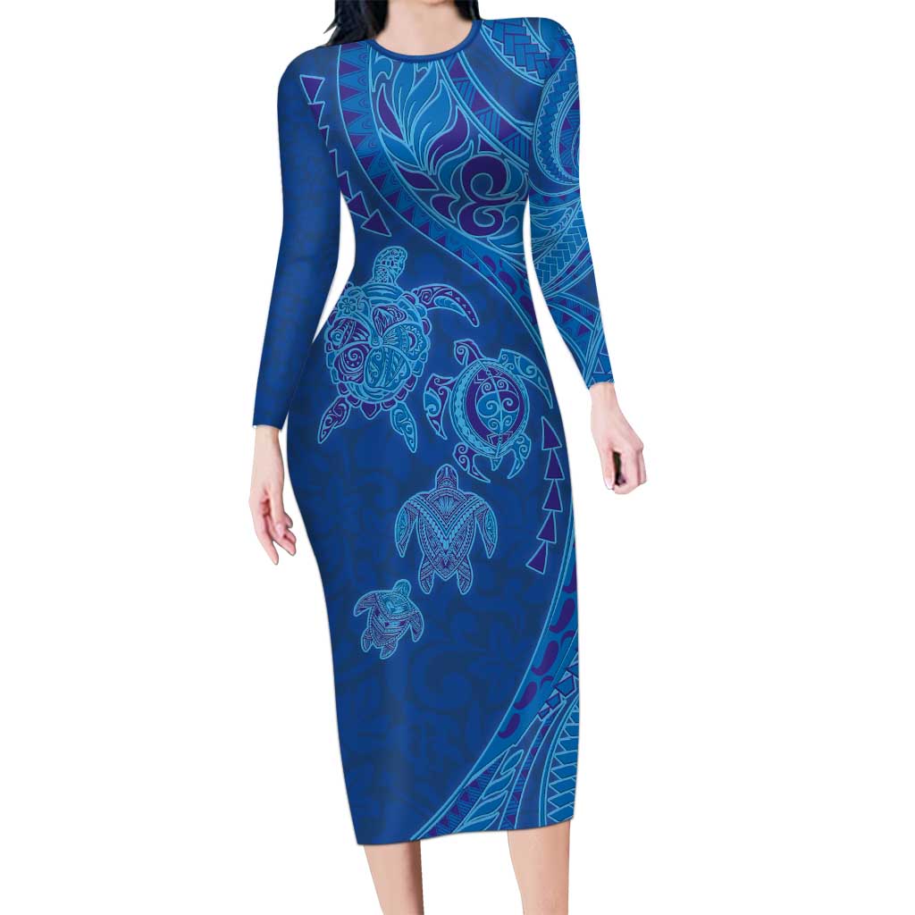 Hawaiian Turtles and Polynesian Art Tattoo Family Matching Long Sleeve Bodycon Dress and Hawaiian Shirt Ocean Abyss