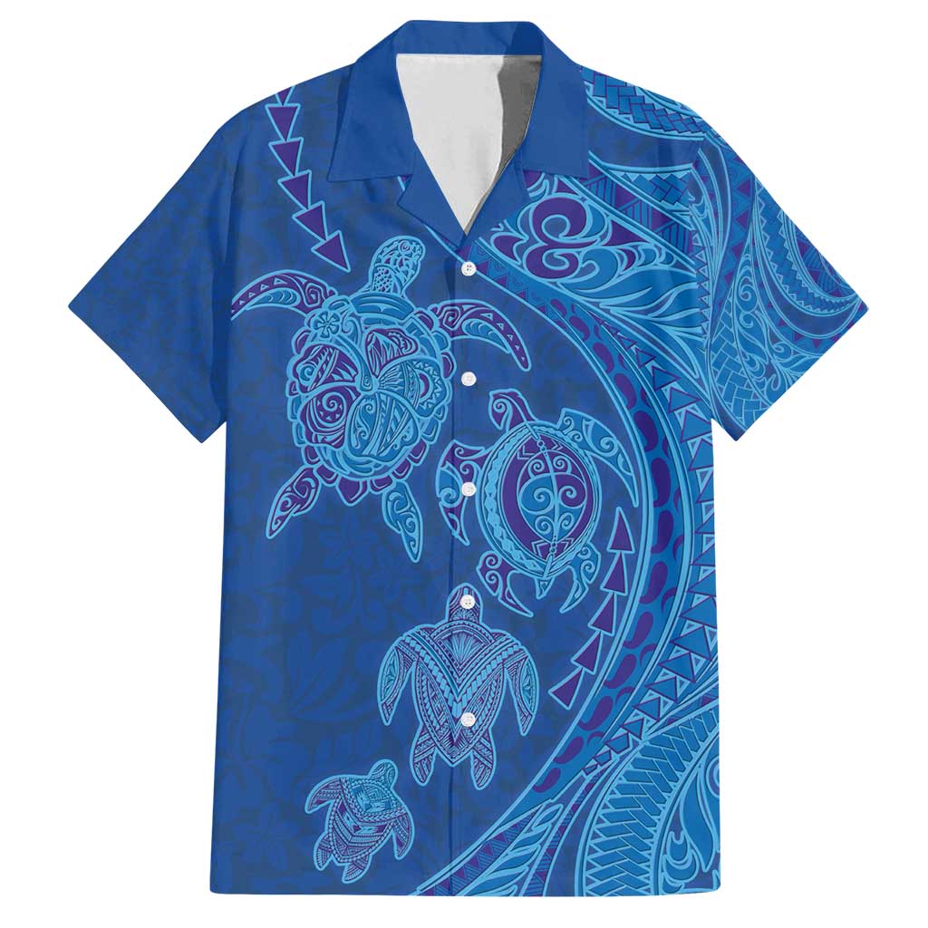 Hawaiian Turtles and Polynesian Art Tattoo Family Matching Off Shoulder Short Dress and Hawaiian Shirt Ocean Abyss