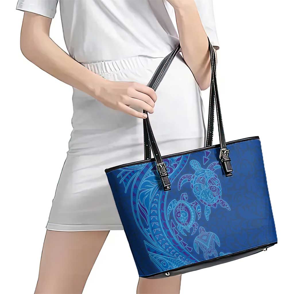 Hawaiian Turtles and Polynesian Art Tattoo Leather Tote Bag Ocean Abyss