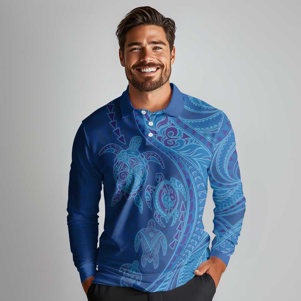 Hawaiian Turtles and Polynesian Art Tattoo Long Sleeve Polo Shirt Ocean Abyss