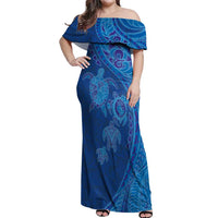 Hawaiian Turtles and Polynesian Art Tattoo Off Shoulder Maxi Dress Ocean Abyss