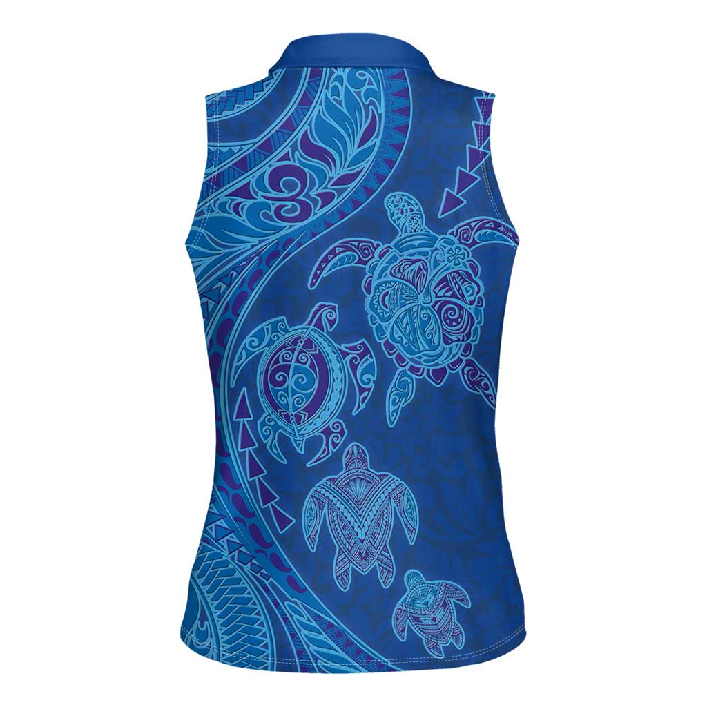 Hawaiian Turtles and Polynesian Art Tattoo Women Sleeveless Polo Shirt Ocean Abyss