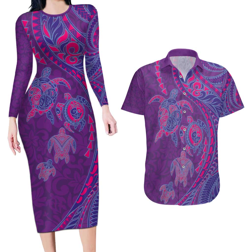 Hawaiian Turtles and Polynesian Art Tattoo Couples Matching Long Sleeve Bodycon Dress and Hawaiian Shirt Dusky Violet