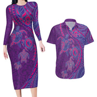 Hawaiian Turtles and Polynesian Art Tattoo Couples Matching Long Sleeve Bodycon Dress and Hawaiian Shirt Dusky Violet