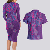 Hawaiian Turtles and Polynesian Art Tattoo Couples Matching Long Sleeve Bodycon Dress and Hawaiian Shirt Dusky Violet