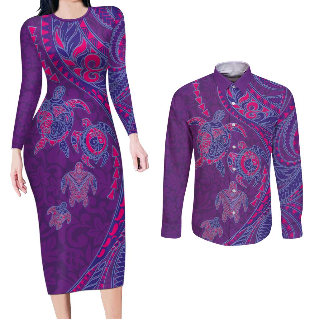 Hawaiian Turtles and Polynesian Art Tattoo Couples Matching Long Sleeve Bodycon Dress and Long Sleeve Button Shirt Dusky Violet