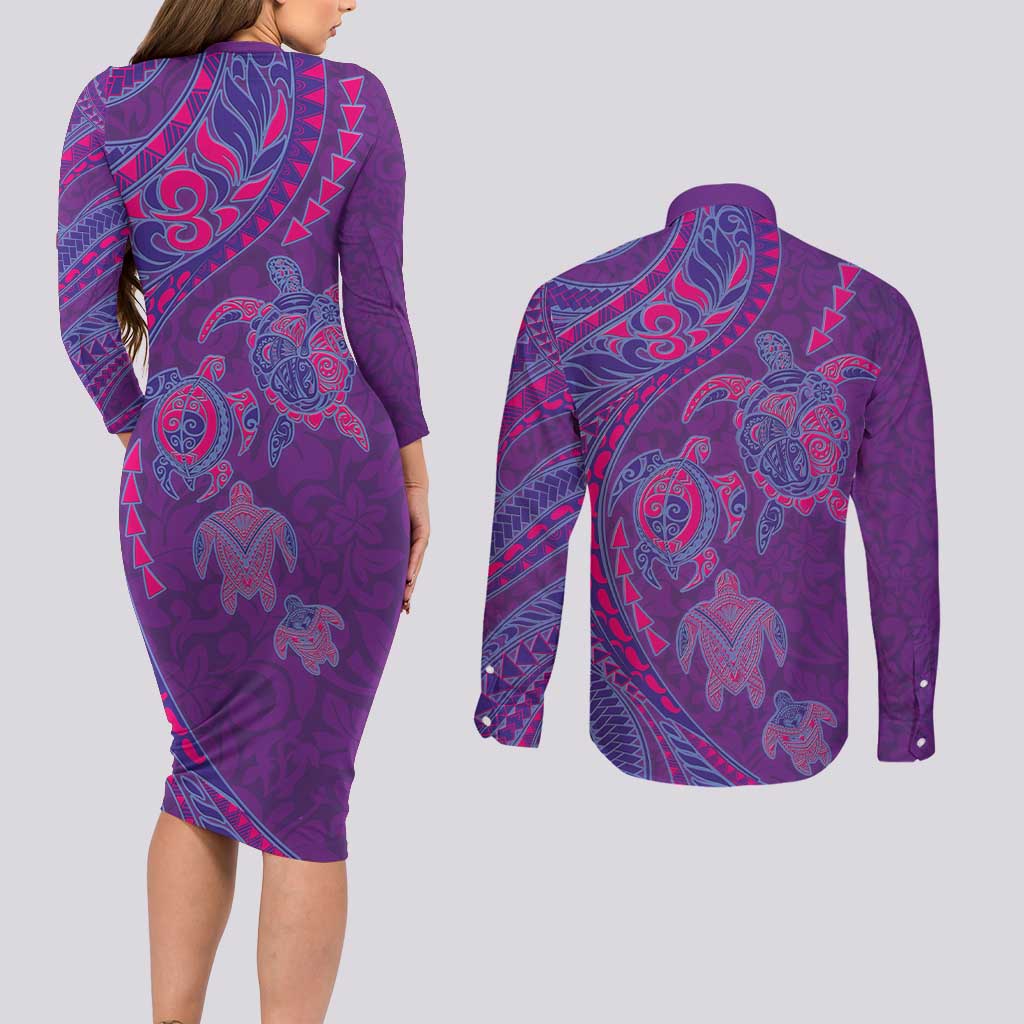 Hawaiian Turtles and Polynesian Art Tattoo Couples Matching Long Sleeve Bodycon Dress and Long Sleeve Button Shirt Dusky Violet