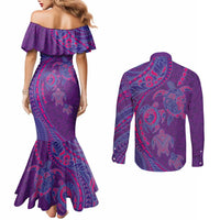 Hawaiian Turtles and Polynesian Art Tattoo Couples Matching Mermaid Dress and Long Sleeve Button Shirt Dusky Violet