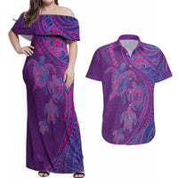 Hawaiian Turtles and Polynesian Art Tattoo Couples Matching Off Shoulder Maxi Dress and Hawaiian Shirt Dusky Violet