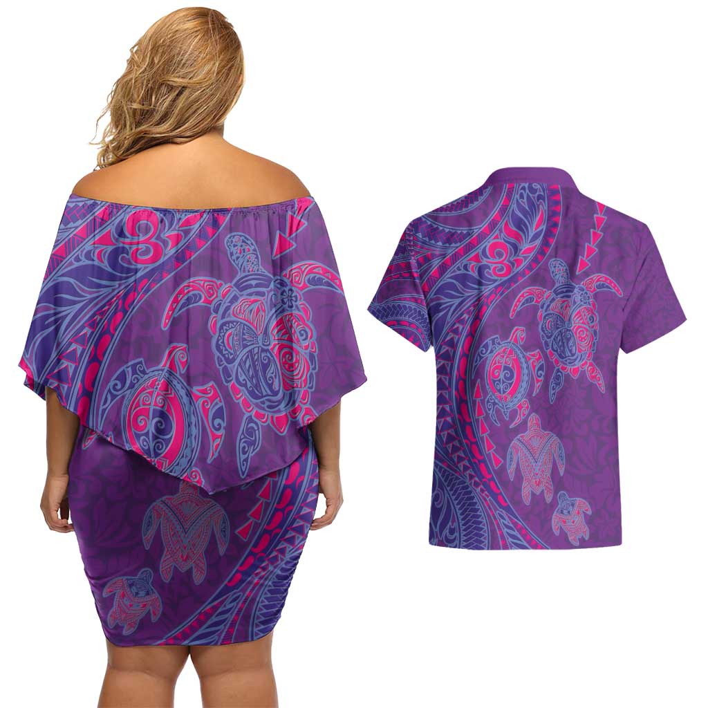 Hawaiian Turtles and Polynesian Art Tattoo Couples Matching Off Shoulder Short Dress and Hawaiian Shirt Dusky Violet