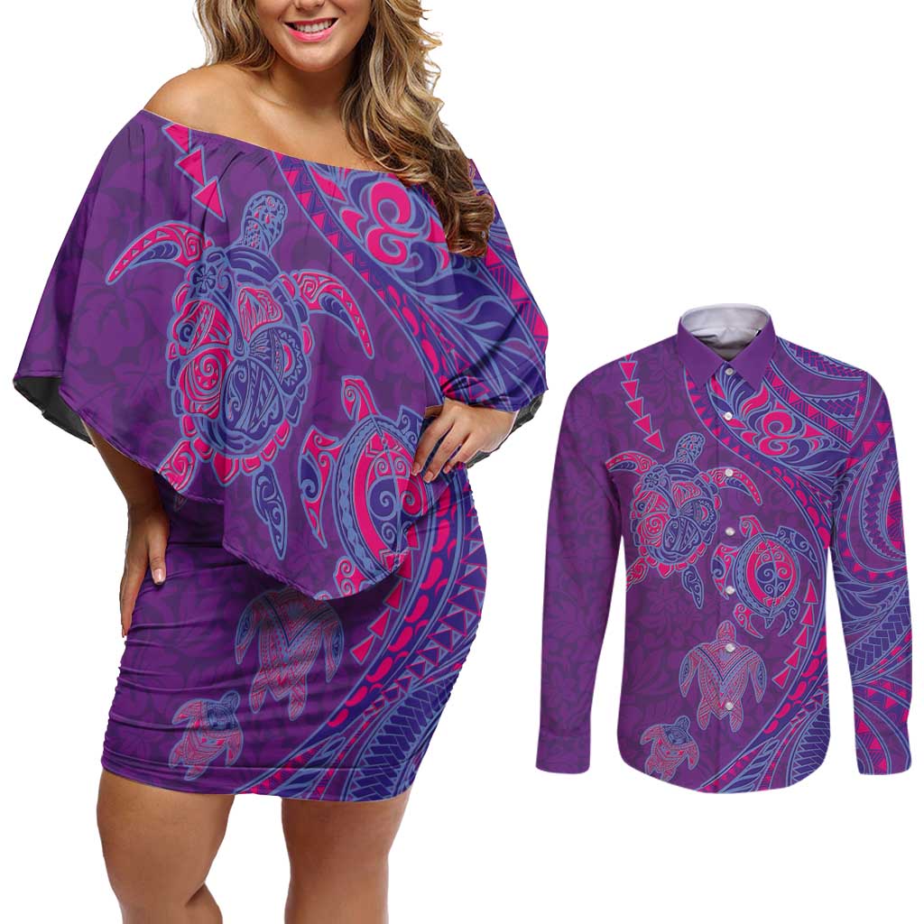 Hawaiian Turtles and Polynesian Art Tattoo Couples Matching Off Shoulder Short Dress and Long Sleeve Button Shirt Dusky Violet