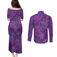 Hawaiian Turtles and Polynesian Art Tattoo Couples Matching Puletasi and Long Sleeve Button Shirt Dusky Violet