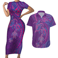 Hawaiian Turtles and Polynesian Art Tattoo Couples Matching Short Sleeve Bodycon Dress and Hawaiian Shirt Dusky Violet
