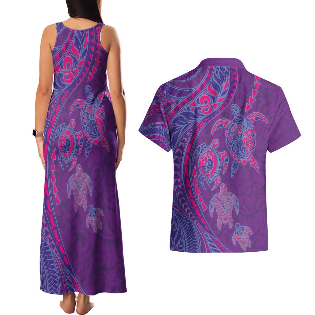 Hawaiian Turtles and Polynesian Art Tattoo Couples Matching Tank Maxi Dress and Hawaiian Shirt Dusky Violet