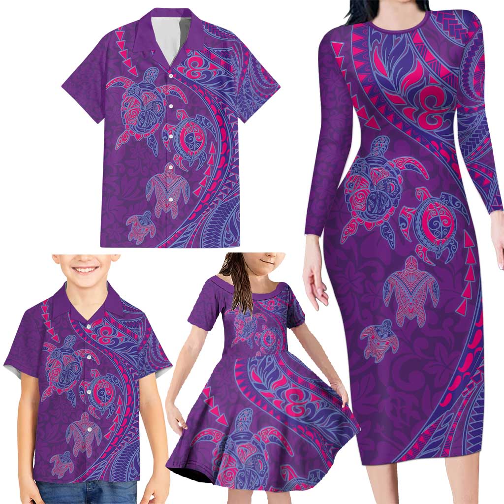 Hawaiian Turtles and Polynesian Art Tattoo Family Matching Long Sleeve Bodycon Dress and Hawaiian Shirt Dusky Violet