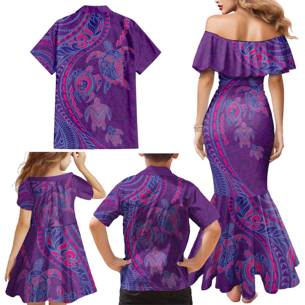 Hawaiian Turtles and Polynesian Art Tattoo Family Matching Mermaid Dress and Hawaiian Shirt Dusky Violet