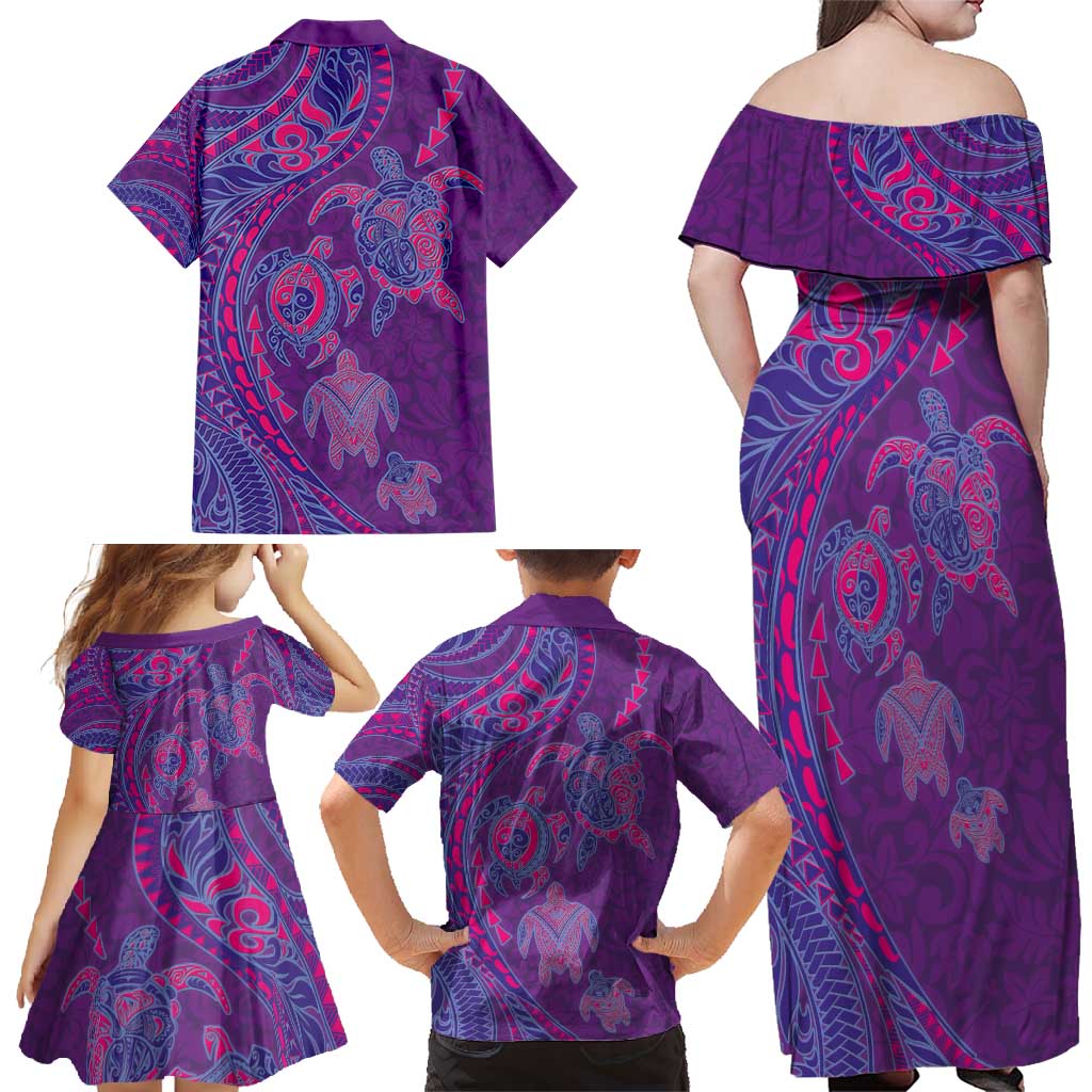 Hawaiian Turtles and Polynesian Art Tattoo Family Matching Off Shoulder Maxi Dress and Hawaiian Shirt Dusky Violet