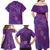Hawaiian Turtles and Polynesian Art Tattoo Family Matching Off Shoulder Maxi Dress and Hawaiian Shirt Dusky Violet