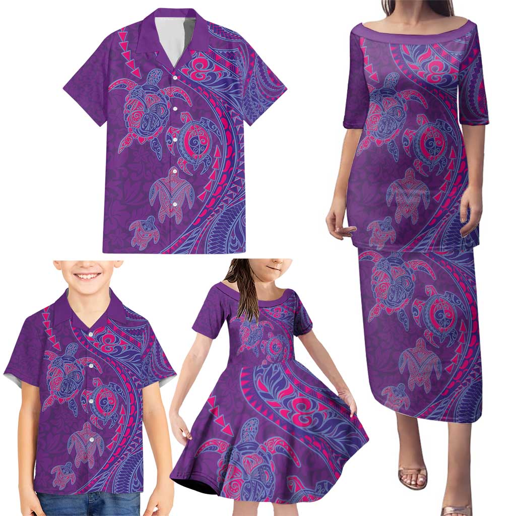 Hawaiian Turtles and Polynesian Art Tattoo Family Matching Puletasi and Hawaiian Shirt Dusky Violet