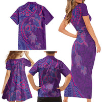 Hawaiian Turtles and Polynesian Art Tattoo Family Matching Short Sleeve Bodycon Dress and Hawaiian Shirt Dusky Violet