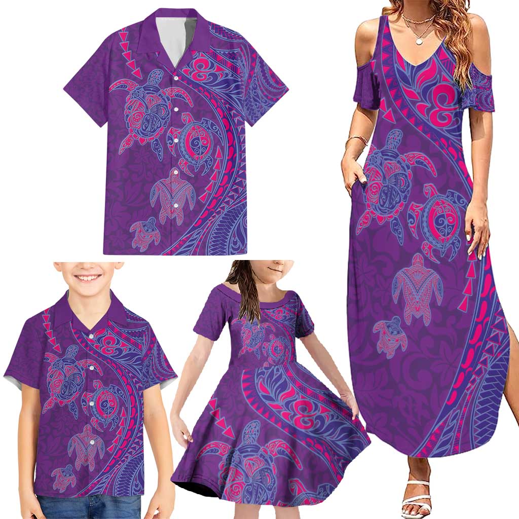 Hawaiian Turtles and Polynesian Art Tattoo Family Matching Summer Maxi Dress and Hawaiian Shirt Dusky Violet
