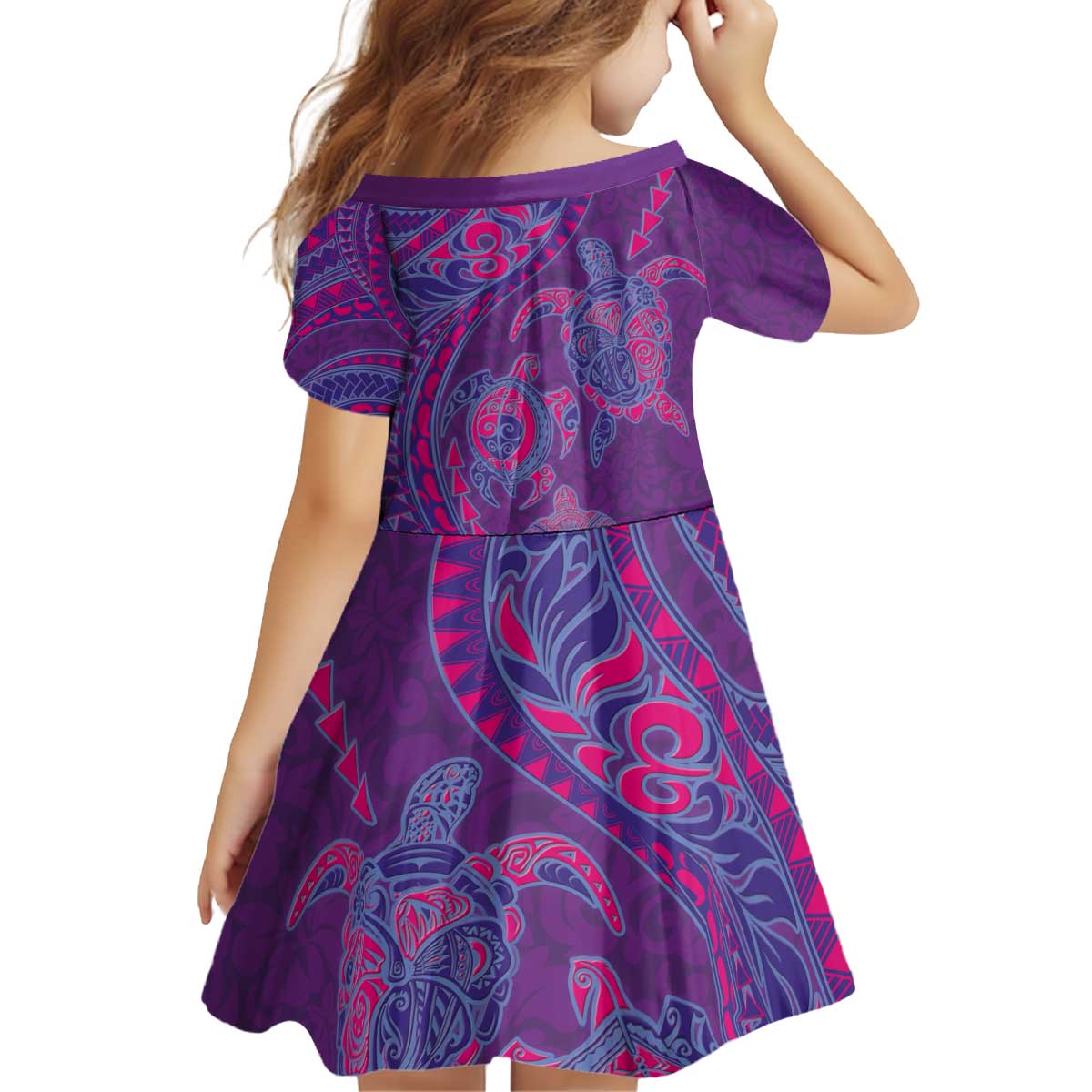 Hawaiian Turtles and Polynesian Art Tattoo Kid Short Sleeve Dress Dusky Violet