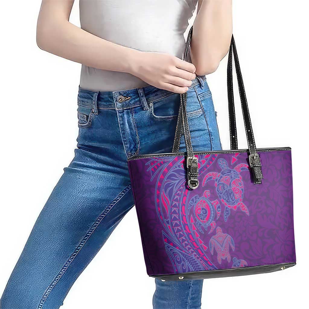 Hawaiian Turtles and Polynesian Art Tattoo Leather Tote Bag Dusky Violet