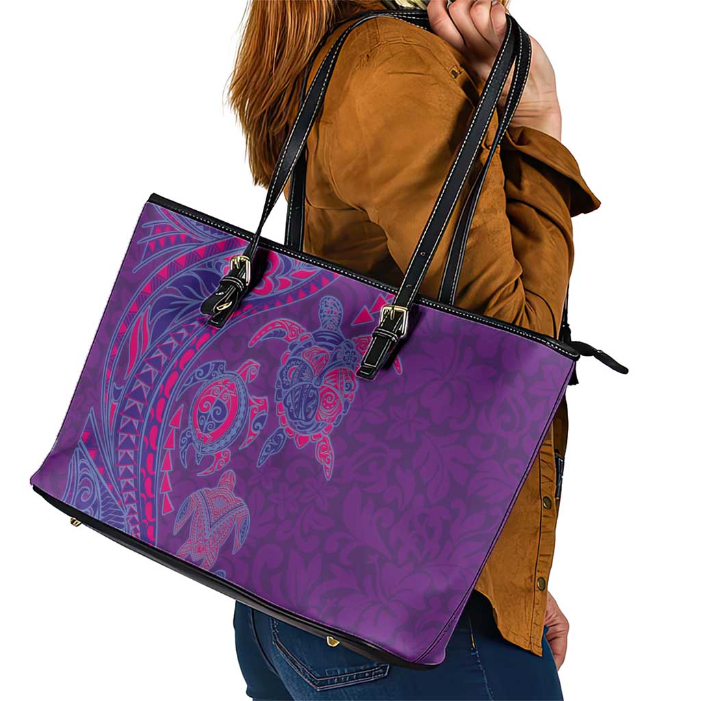 Hawaiian Turtles and Polynesian Art Tattoo Leather Tote Bag Dusky Violet