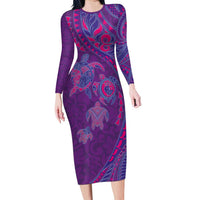Hawaiian Turtles and Polynesian Art Tattoo Long Sleeve Bodycon Dress Dusky Violet