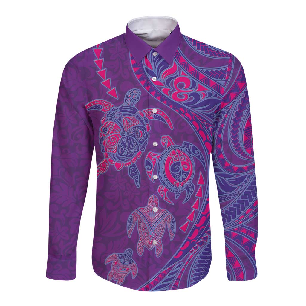 Hawaiian Turtles and Polynesian Art Tattoo Long Sleeve Button Shirt Dusky Violet
