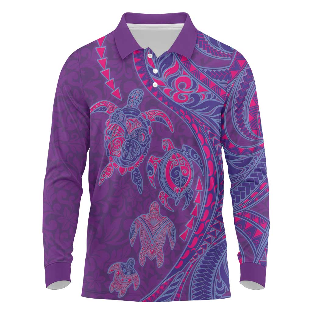 Hawaiian Turtles and Polynesian Art Tattoo Long Sleeve Polo Shirt Dusky Violet