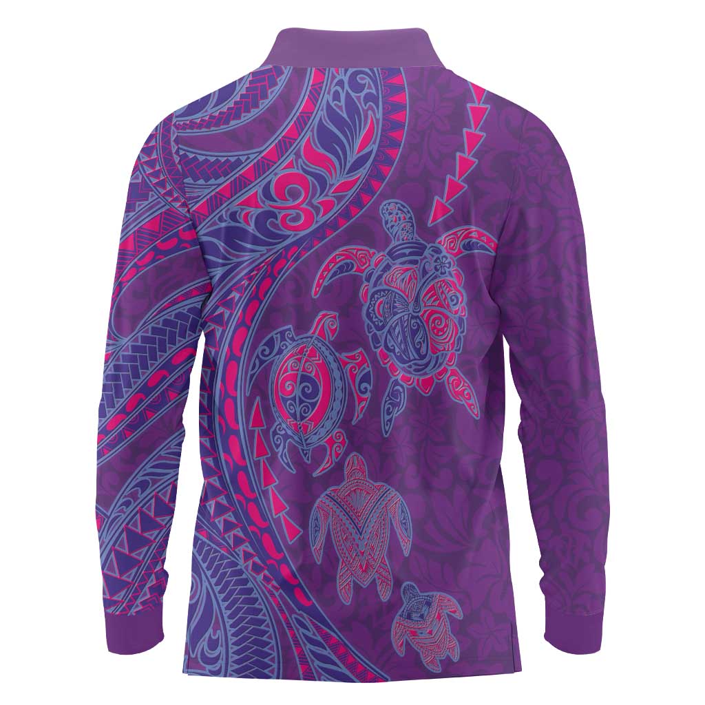 Hawaiian Turtles and Polynesian Art Tattoo Long Sleeve Polo Shirt Dusky Violet