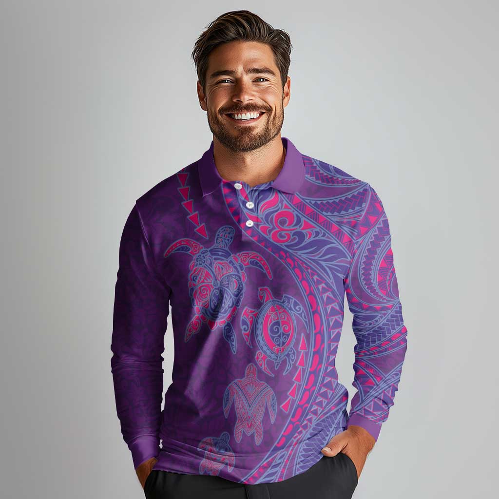 Hawaiian Turtles and Polynesian Art Tattoo Long Sleeve Polo Shirt Dusky Violet