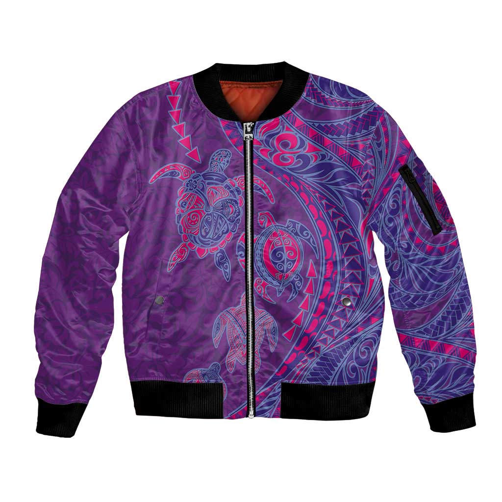 Hawaiian Turtles and Polynesian Art Tattoo Sleeve Zip Bomber Jacket Dusky Violet