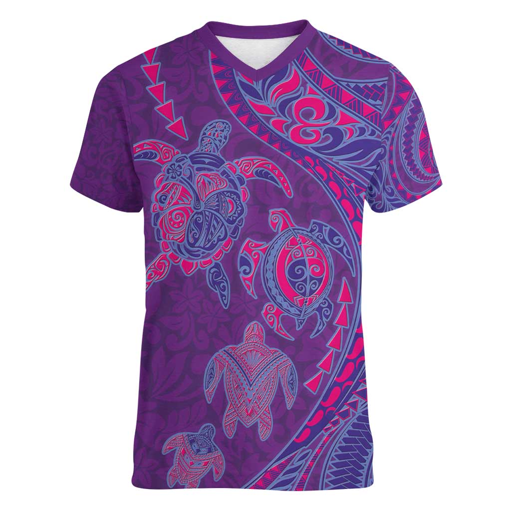 Hawaiian Turtles and Polynesian Art Tattoo Women V-Neck T-Shirt Dusky Violet LT03 Female Purple - Polynesian Pride