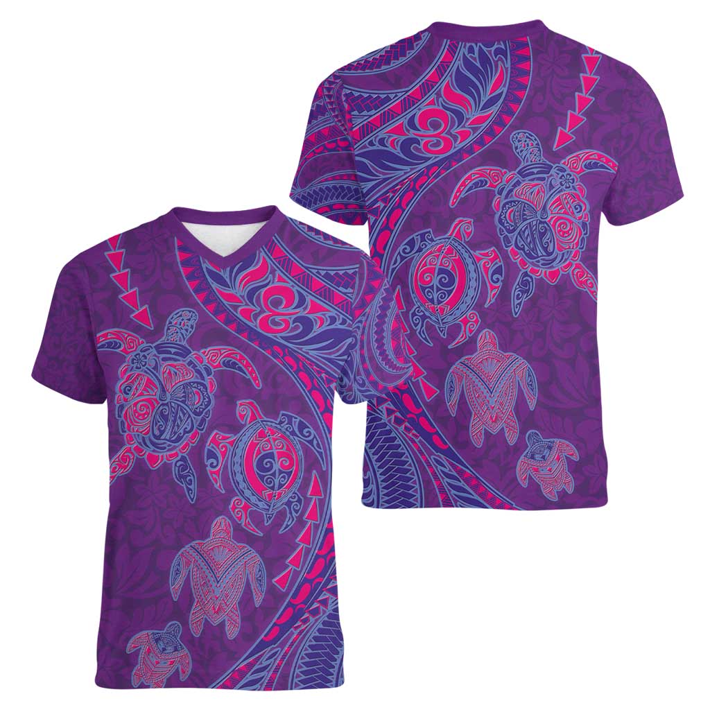 Hawaiian Turtles and Polynesian Art Tattoo Women V-Neck T-Shirt Dusky Violet LT03 - Polynesian Pride