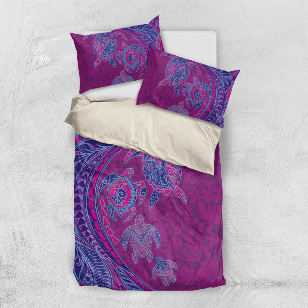 Hawaiian Turtles and Polynesian Art Tattoo Bedding Set Cerise