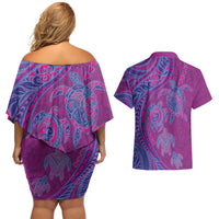 Hawaiian Turtles and Polynesian Art Tattoo Couples Matching Off Shoulder Short Dress and Hawaiian Shirt Cerise