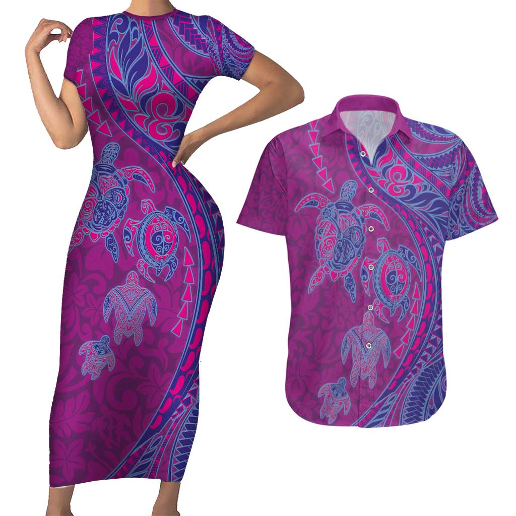 Hawaiian Turtles and Polynesian Art Tattoo Couples Matching Short Sleeve Bodycon Dress and Hawaiian Shirt Cerise