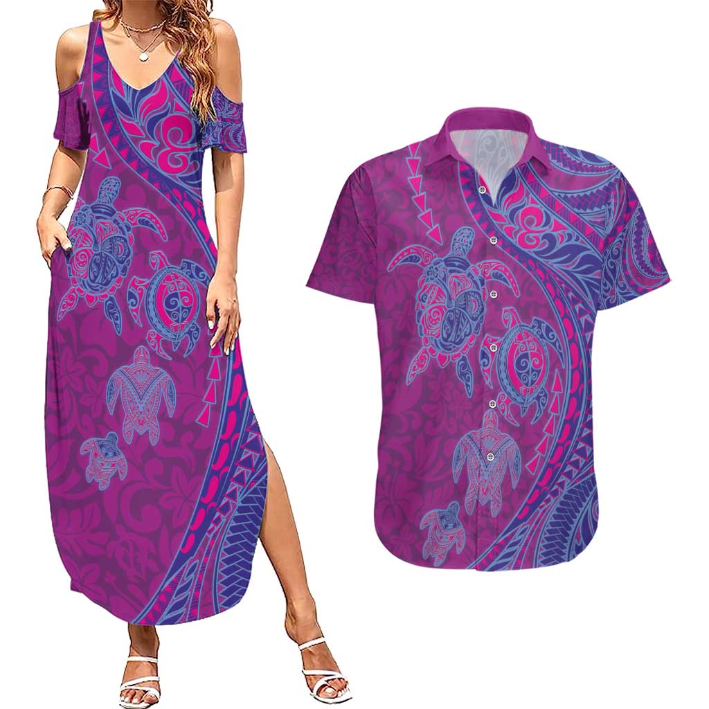 Hawaiian Turtles and Polynesian Art Tattoo Couples Matching Summer Maxi Dress and Hawaiian Shirt Cerise